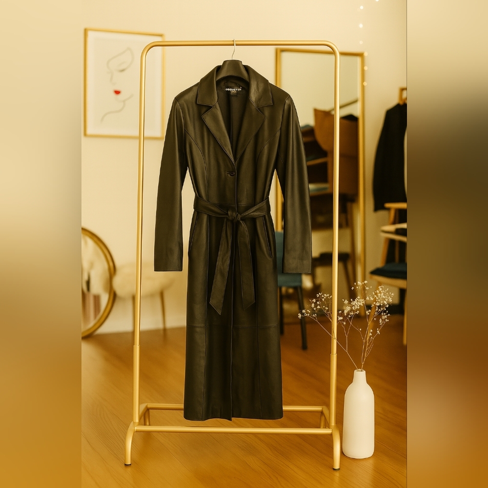 Elegant Black Leather Women's Trench Coat
